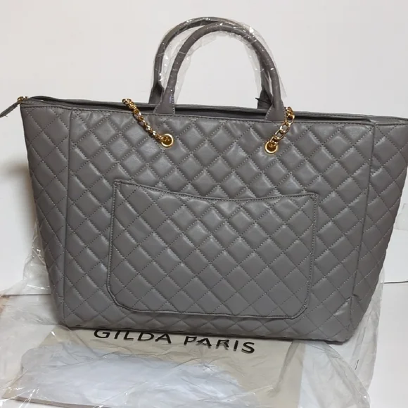 Gilda Paris Large Quilted Tote Bag Grey Vegan Leather and Gold Accents - Picture 7 of 8